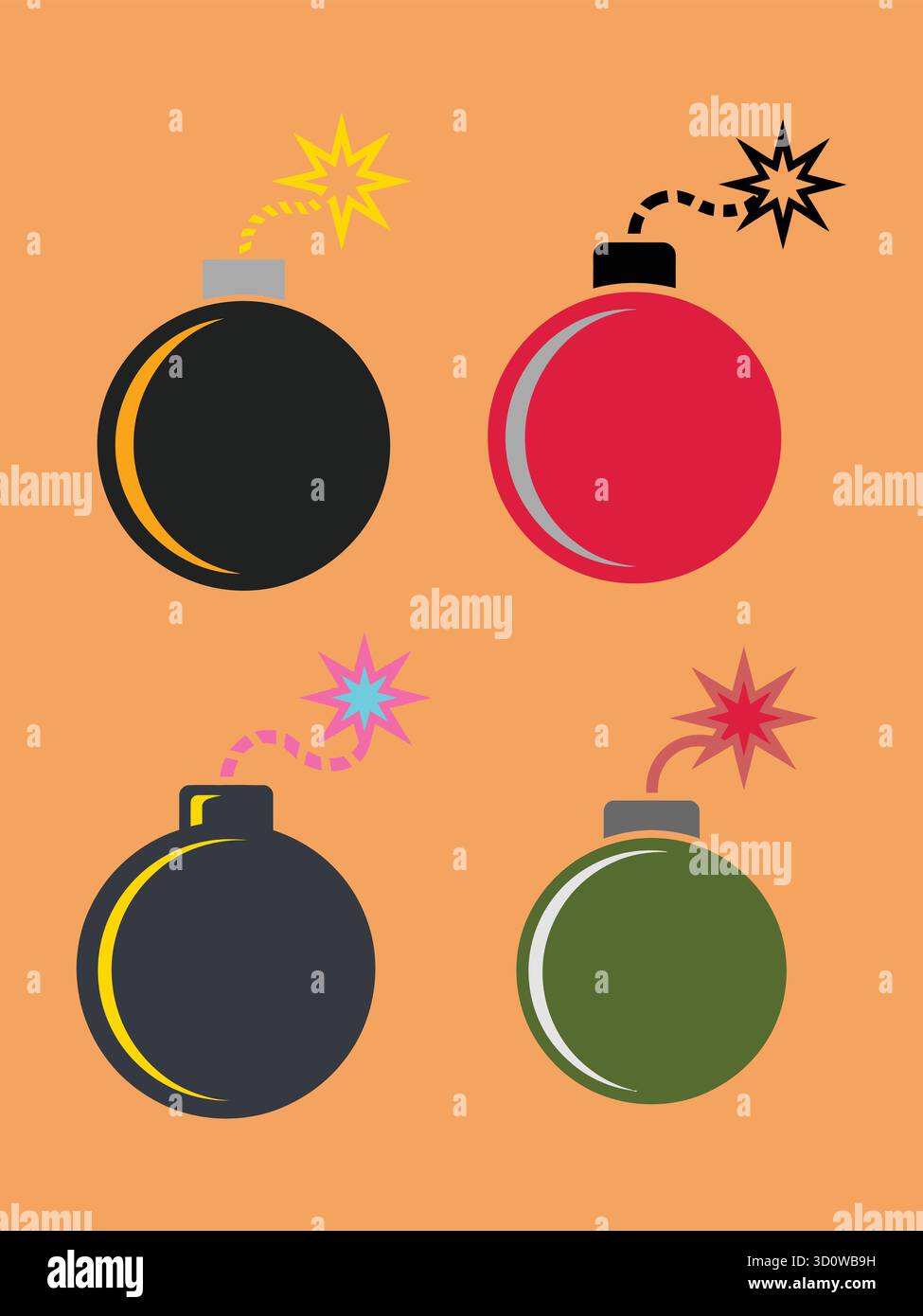 Set di quattro colorate bombe cartoni animati con fusibili accesi e icone vettoriali. Illustrazione Vettoriale