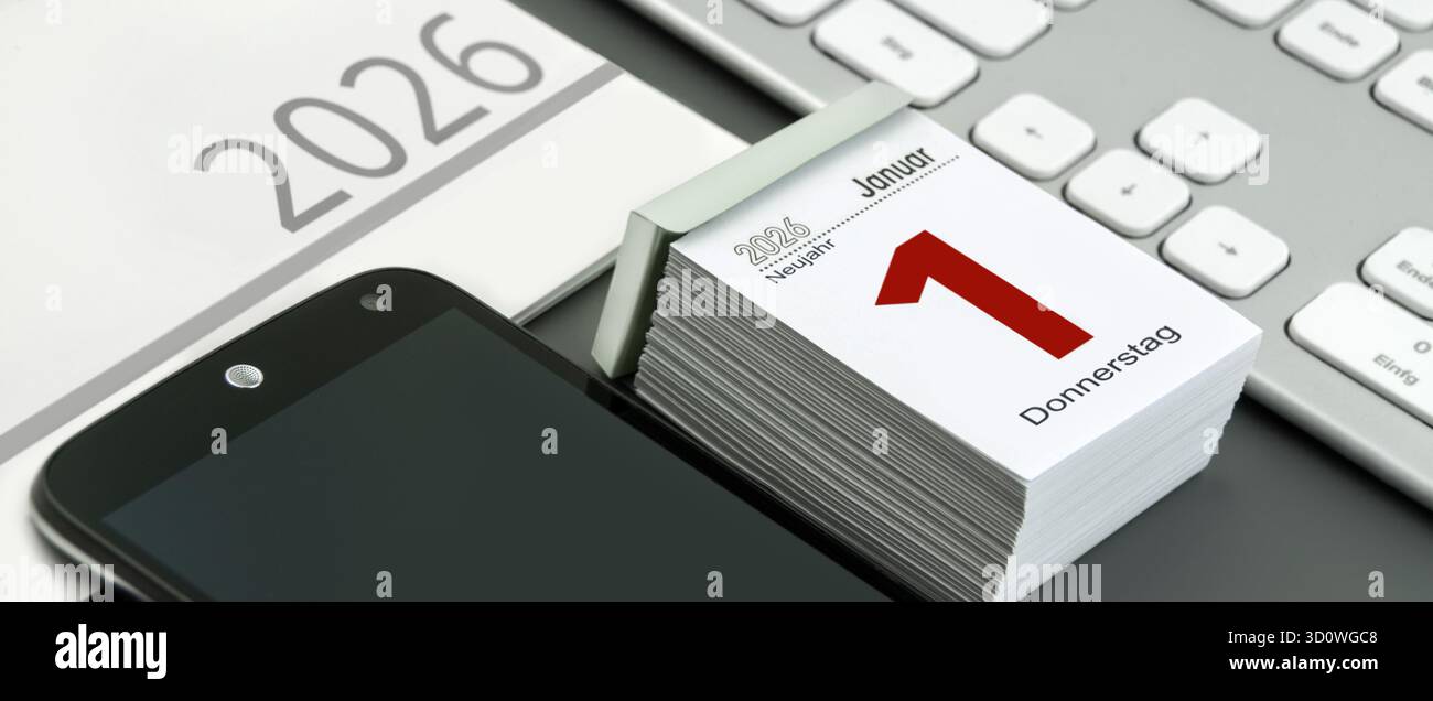 Calendario tedesco 2026 gennaio 1 giovedì di Capodanno con PC e cellulare Foto Stock