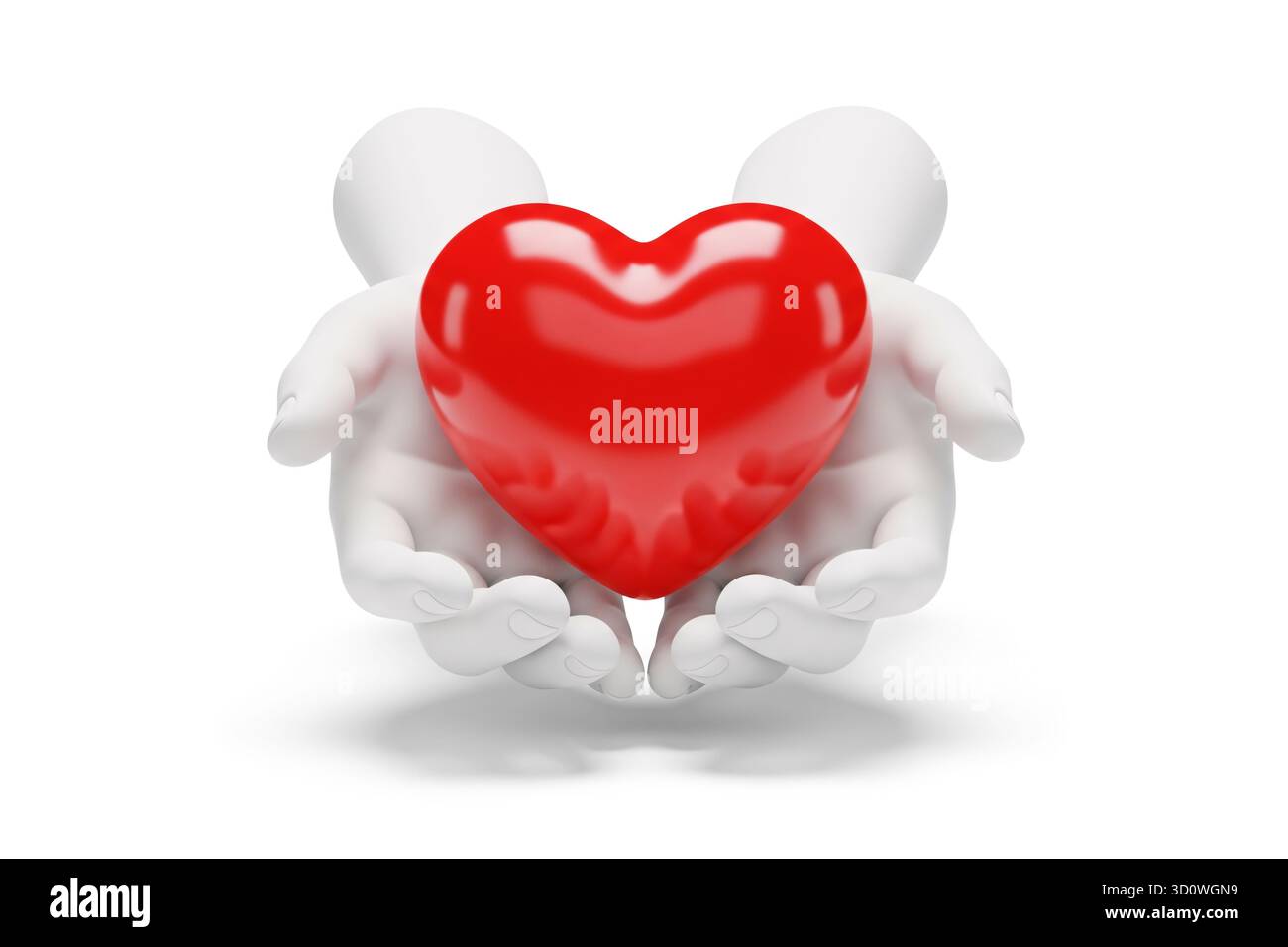 rendering 3d di mani bianche che reggono delicatamente un cuore rosso brillante che simboleggia l'amore e la cura, isolato su sfondo bianco. Foto Stock