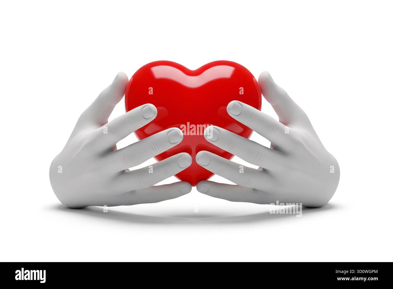 rendering 3d di mani bianche che reggono delicatamente un cuore rosso brillante che simboleggia l'amore e la cura, isolato su sfondo bianco. Foto Stock