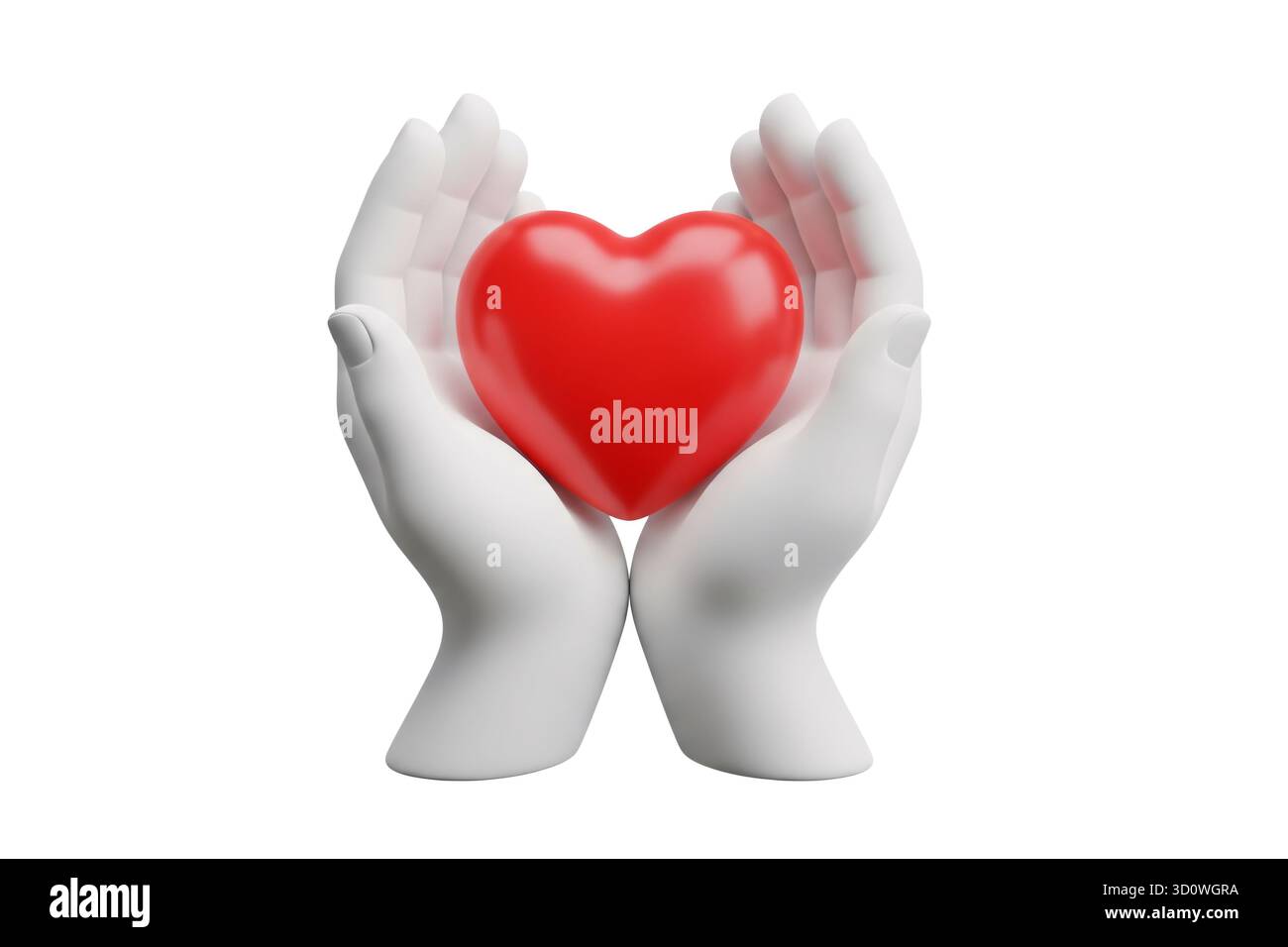 rendering 3d di mani bianche che reggono delicatamente un cuore rosso brillante che simboleggia l'amore e la cura, isolato su sfondo bianco. Foto Stock