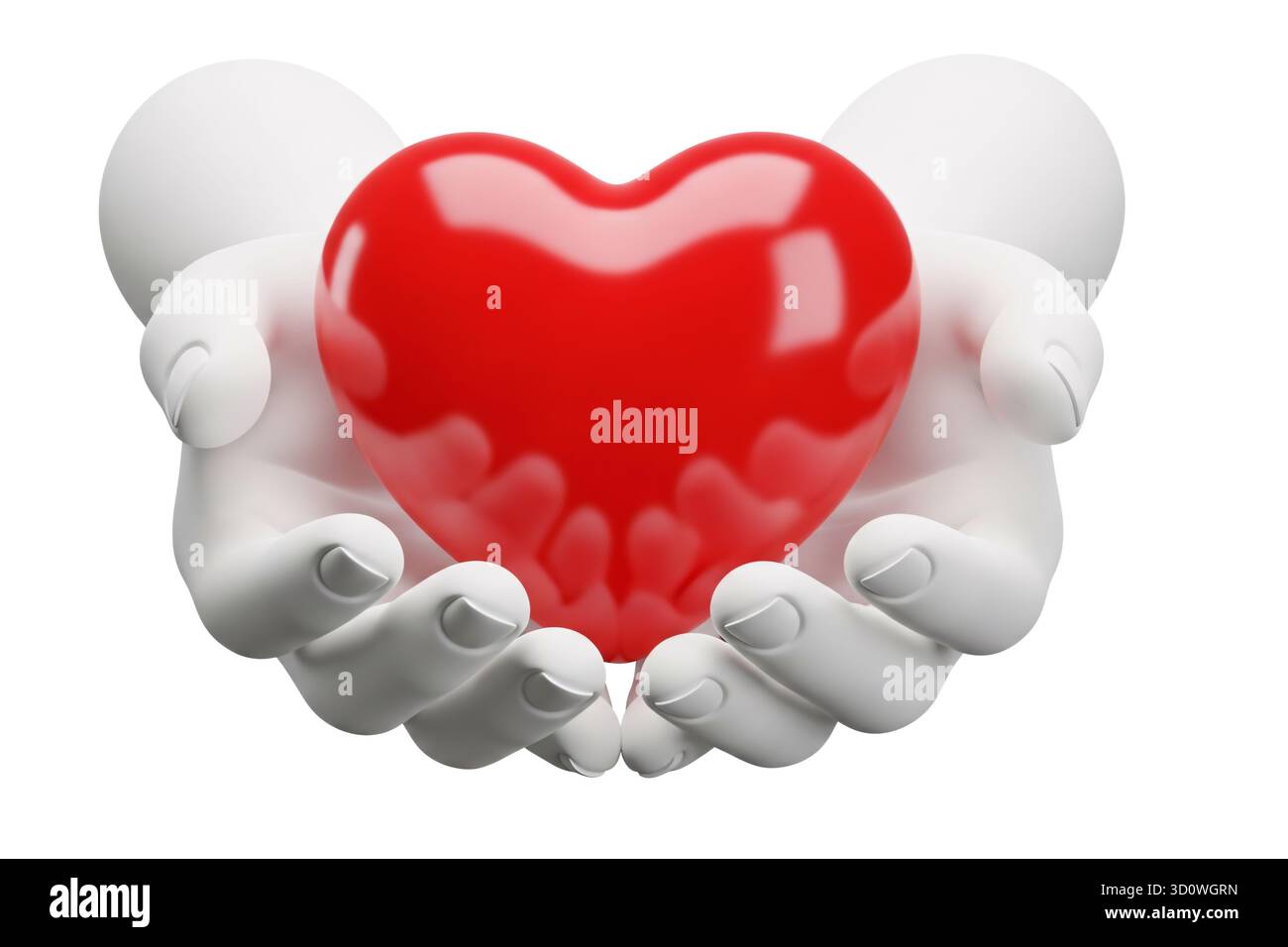 rendering 3d di mani bianche che reggono delicatamente un cuore rosso brillante che simboleggia l'amore e la cura, isolato su sfondo bianco. Foto Stock