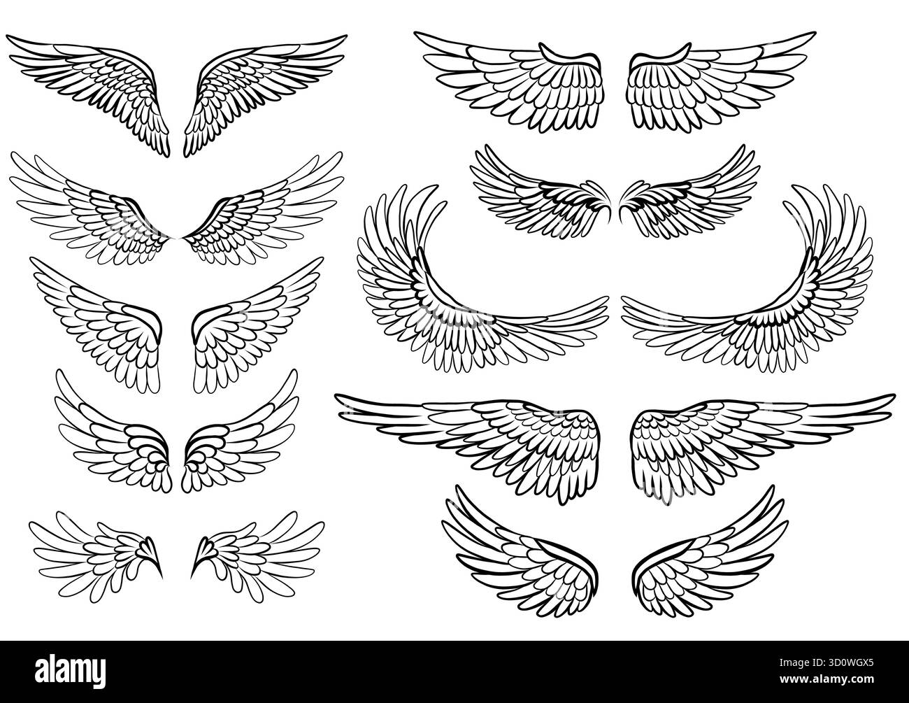 Set vettoriale di clip di contorno di ali di uccelli. Collezione di ali d'angelo isolate sullo sfondo. Un simbolo di libertà e di volo per il bastone Illustrazione Vettoriale