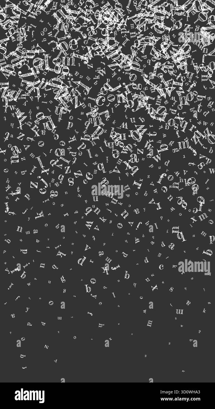 Lettere di lingua inglese cadenti. Caratteri gessati bianchi dell'alfabeto latino. Concetto di studio delle lingue straniere. Banner di ritorno a scuola su lavagna ba Illustrazione Vettoriale