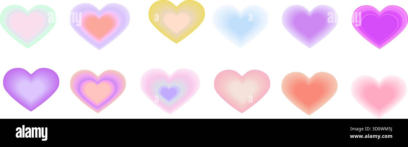 Set vettoriale forme aura cuore. Collezione Heart con elementi romantici dall'estetica sfumata nei colori viola, rosso, verde e blu. Forme 3d sfocate e alla moda Illustrazione Vettoriale