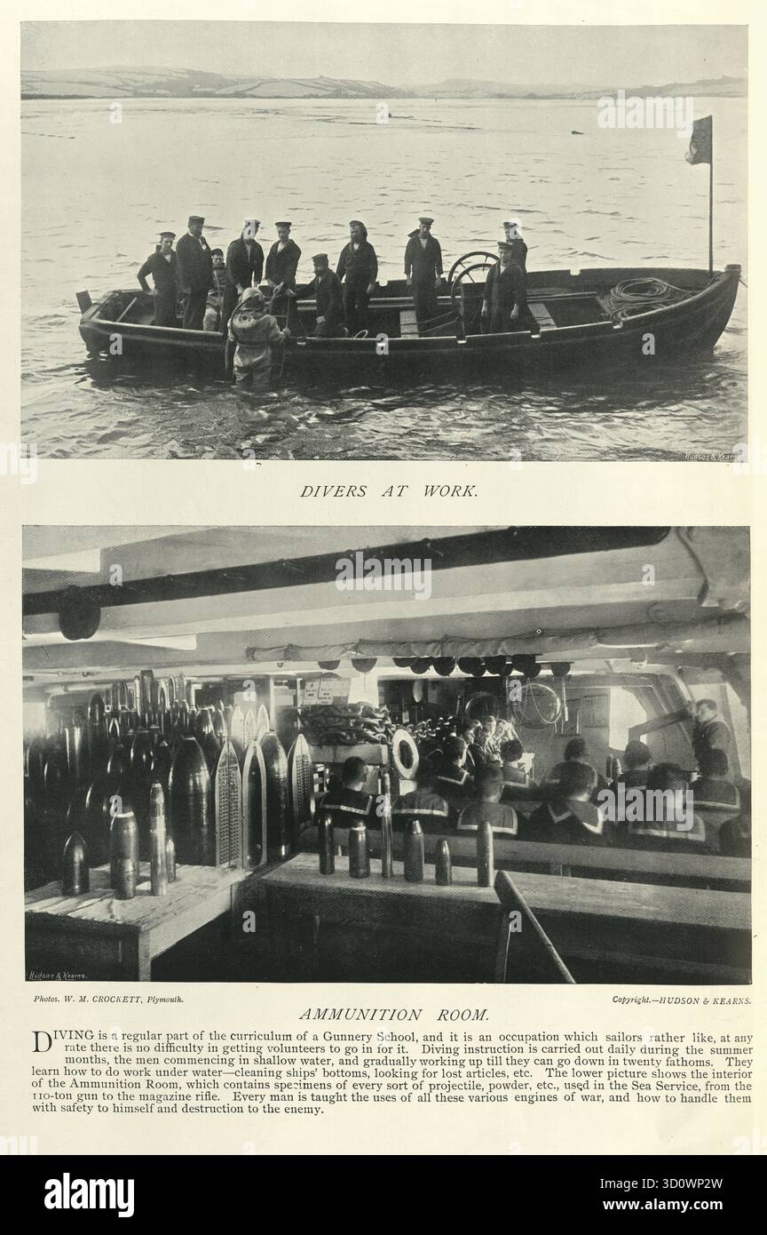 Storia militare, addestramento dei marinai della marina reale britannica, subacqueo, sala munizioni, vittoriano, anni '1890, fotografia d'epoca del XIX secolo Foto Stock