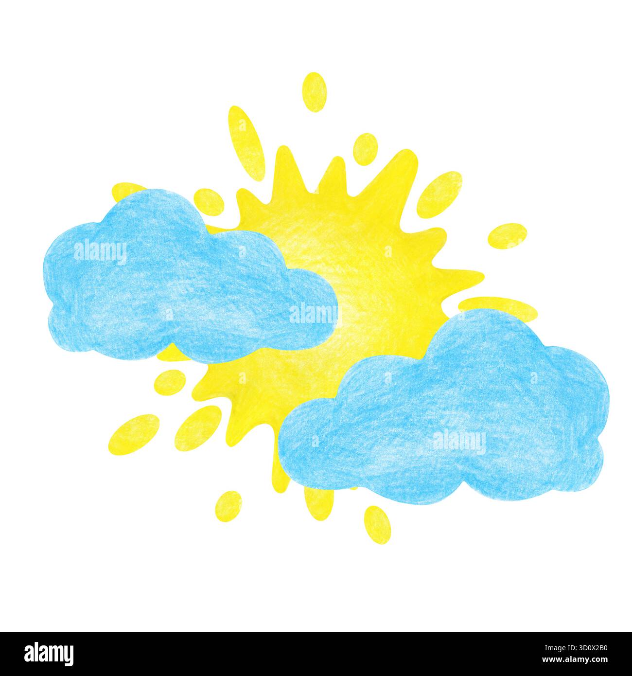 Il sole giallo sgorga dalle nuvole. Disegno con matite colorate. Isolato su sfondo bianco. Disegno di un bambino. Clipart. Il logo. Perno Foto Stock