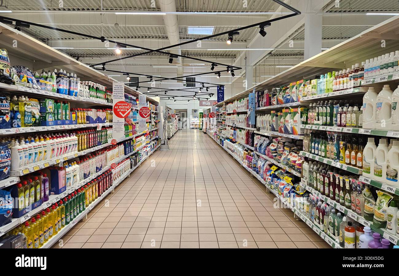 Corridoio di articoli per la casa in un negozio di alimentari Tesco in Ungheria Foto Stock