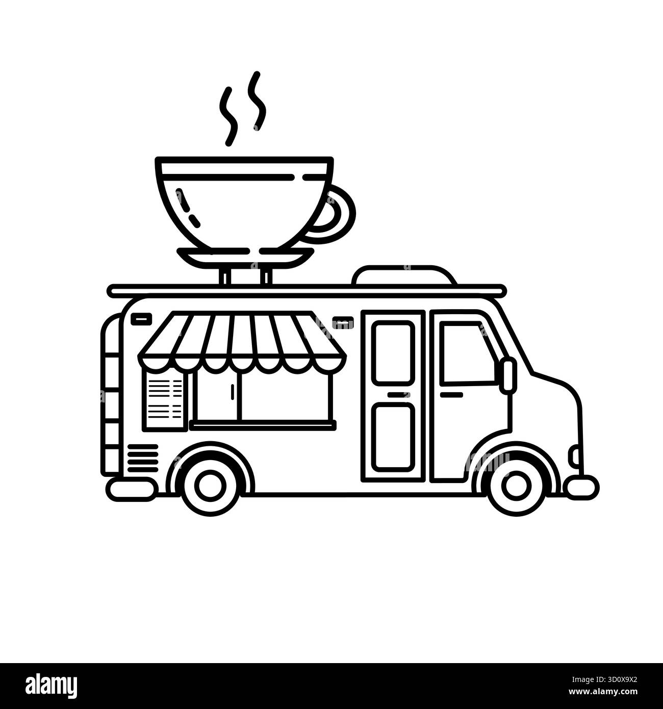 Icona Coffee Truck Food in stile contorno illustrazione vettoriale traccia modificabile Illustrazione Vettoriale