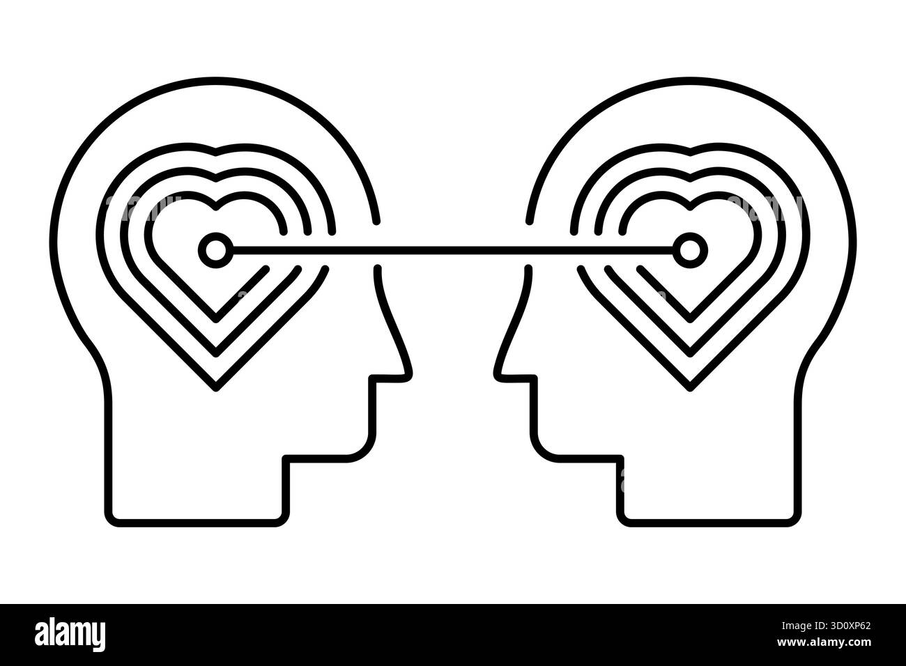 Due teste collegate attraverso i cuori, simboleggiano empatia, amore, comprensione e connessione emotiva. Concetti di relazione umana. psicologia. Vettore Illustrazione Vettoriale