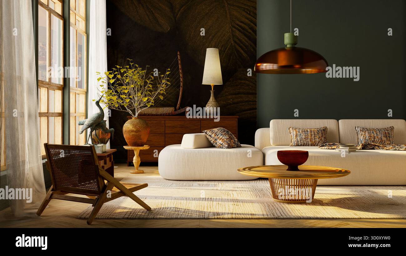 Intimo interno del salotto japandi pieno di luce naturale, caratterizzato da una calda tavolozza di terra, mobili in legno e un'atmosfera tranquilla. Illustrati 3D. Foto Stock