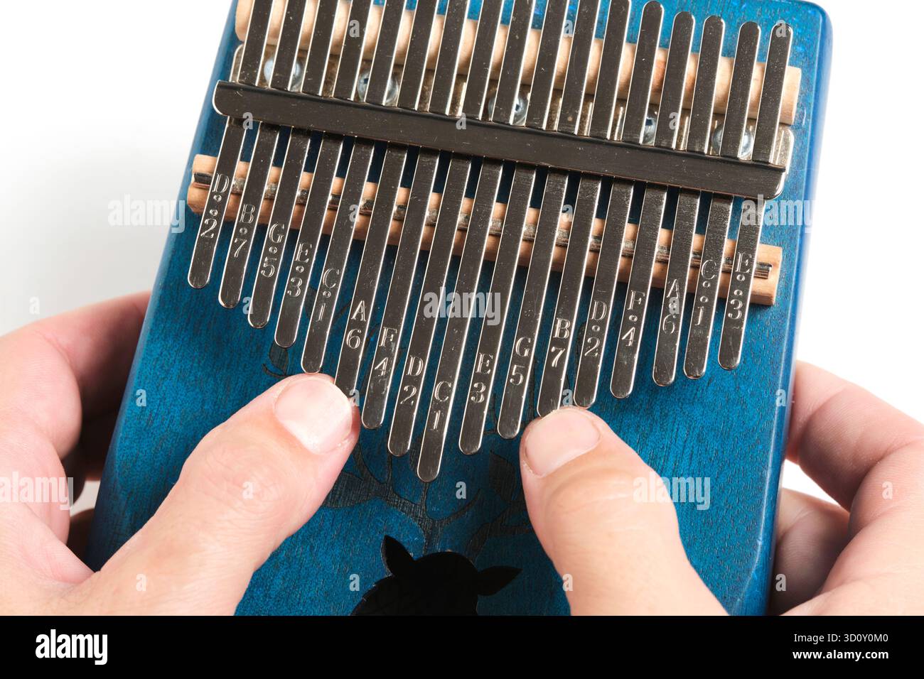 Primo piano di mani maschili che giocano a kalimba Foto Stock