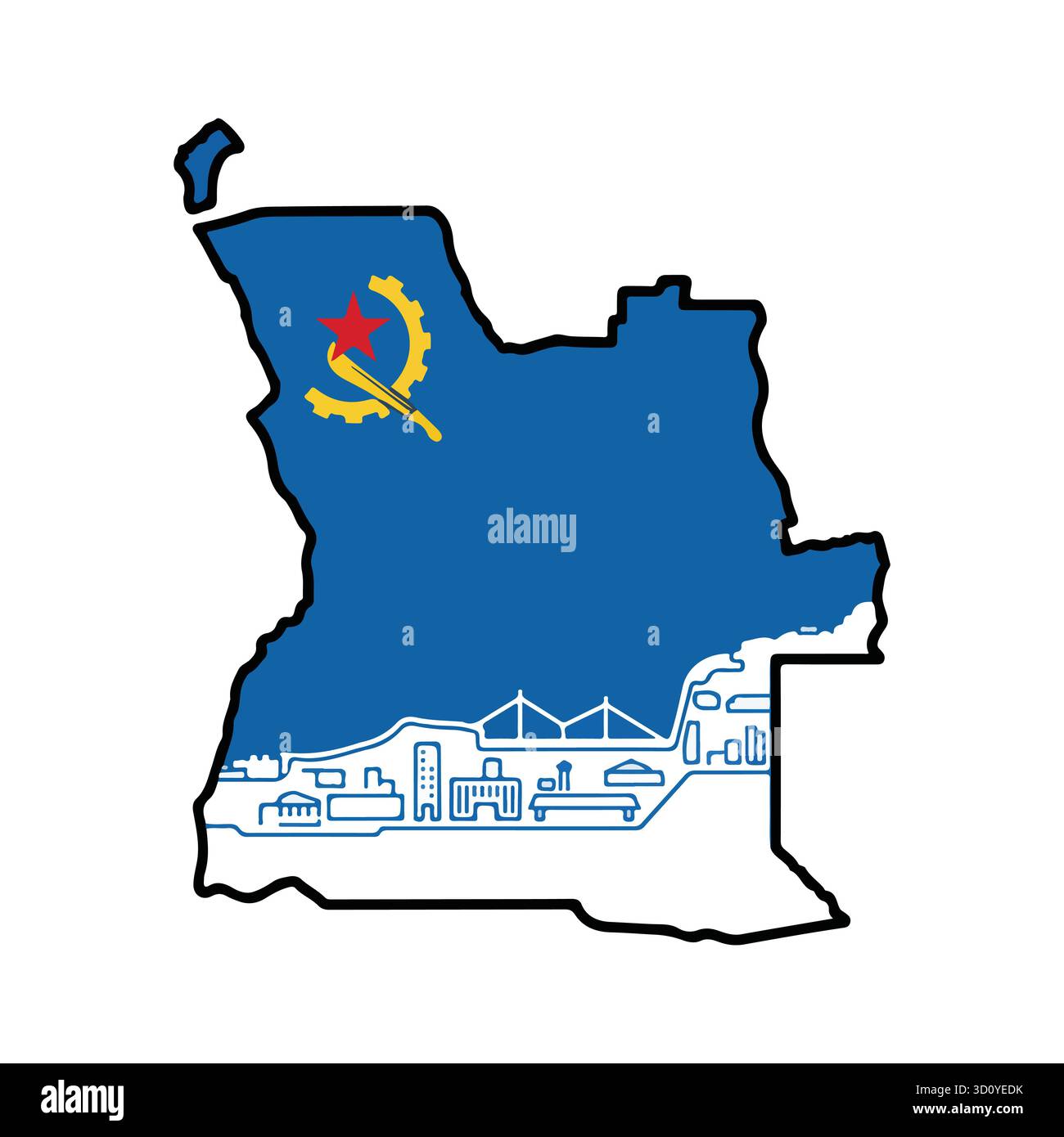 Sagoma della mappa con bandiera dell'Angola con iconico paesaggio urbano e emblema nazionale dal design emblematico Illustrazione Vettoriale