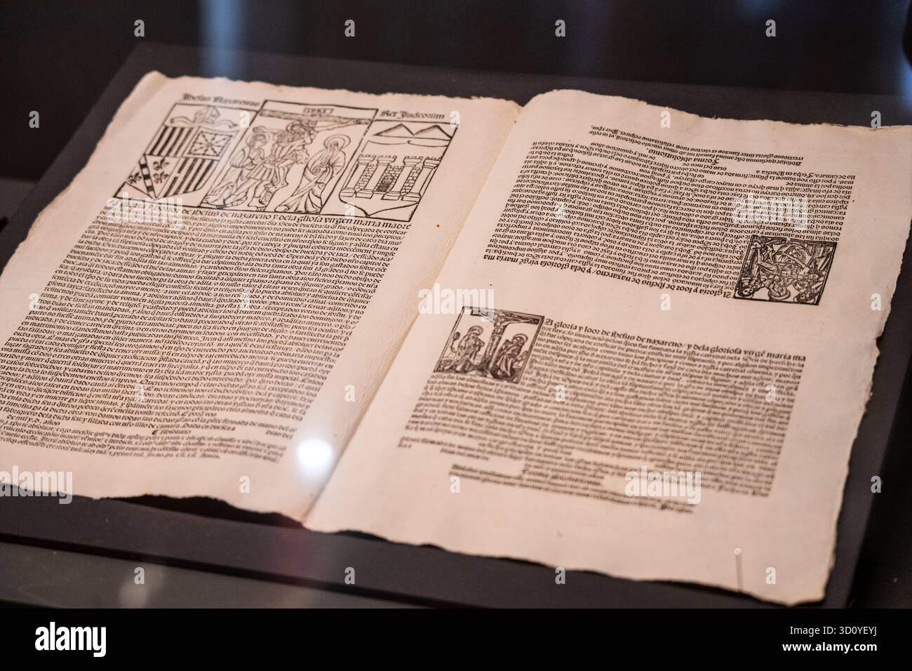 Lettera di indulgenza del vescovo Juan de Aragón, incunabolo tipografico su carta e tre incisioni in legno, laboratorio Jorge Cocci, anno quattrocento, Huesca Foto Stock