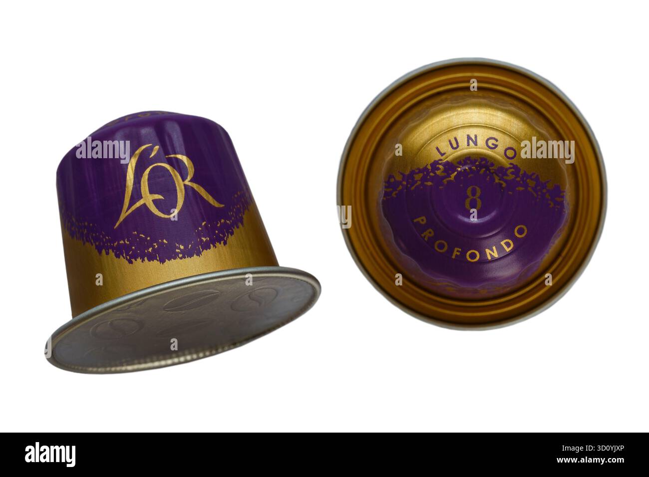 Cialde di capsule in alluminio per caffè l'Or espresso lungo lungo lungo lungo isolato su sfondo bianco Foto Stock