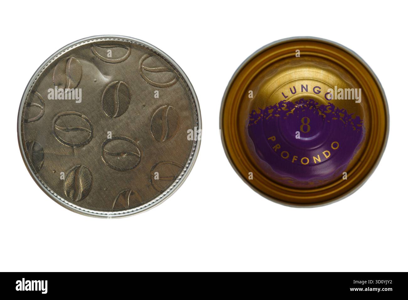 Cialde di capsule in alluminio per caffè l'Or espresso lungo lungo lungo lungo isolato su sfondo bianco Foto Stock