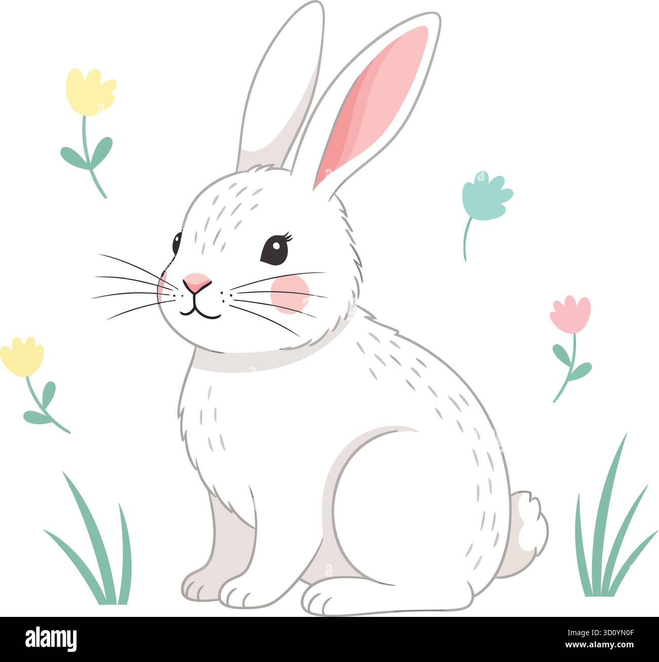 Simpatico coniglio bianco con fiori sull'erba - illustrazione degli animali di cartoni animati primaverili Illustrazione Vettoriale