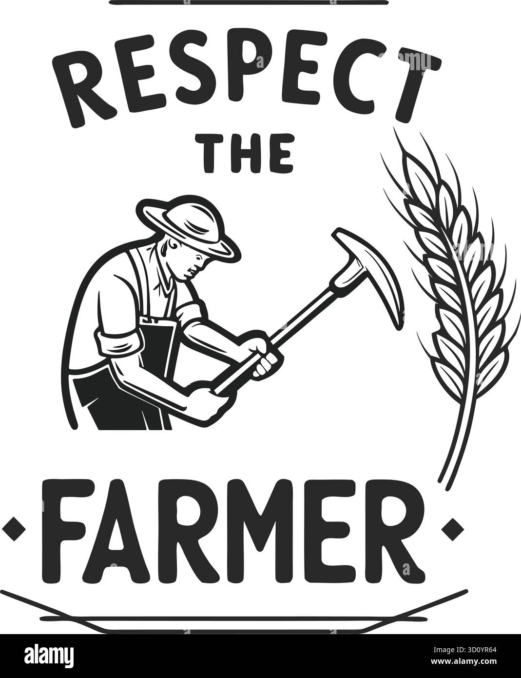 Illustrazione in bianco e nero monocromatico "Respect the Farmer" con Wheat and Pickaxe Illustrazione Vettoriale