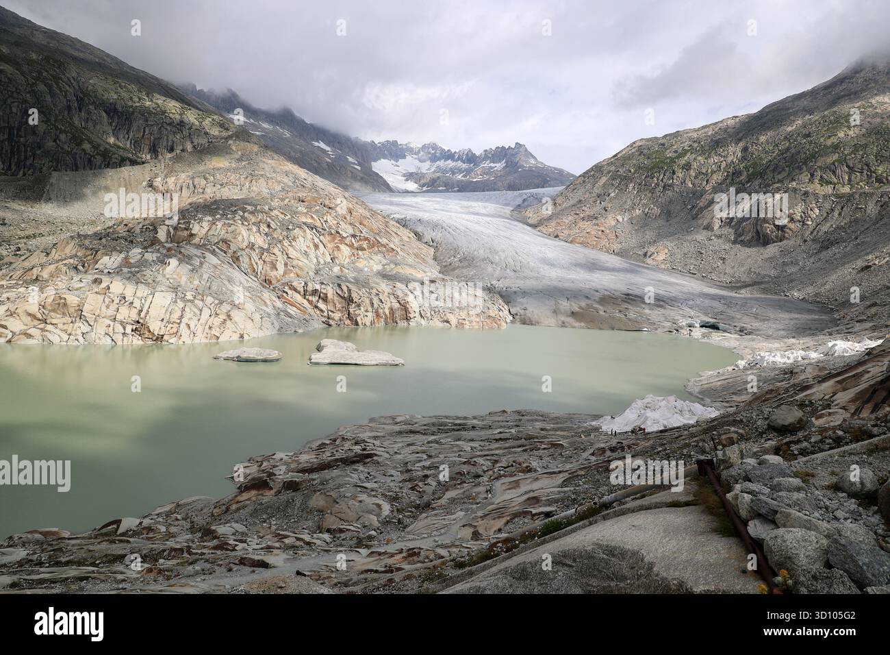 Vista sul massiccio del Ghiacciaio del Rodano nel Canton Vallese, Svizzera Foto Stock