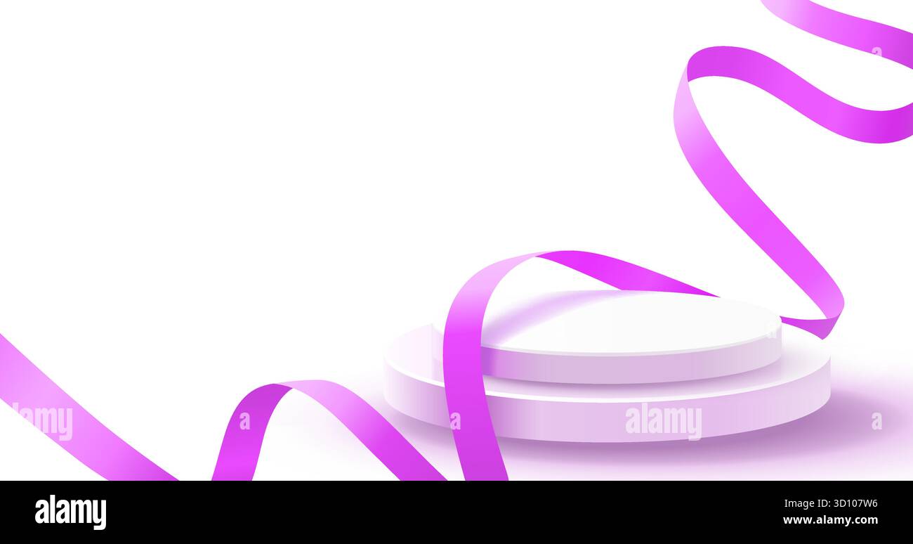 Podio 3D con nastro rosa su sfondo bianco, ideale per l'esposizione di prodotti o per festeggiamenti. Illustrazione vettoriale Illustrazione Vettoriale