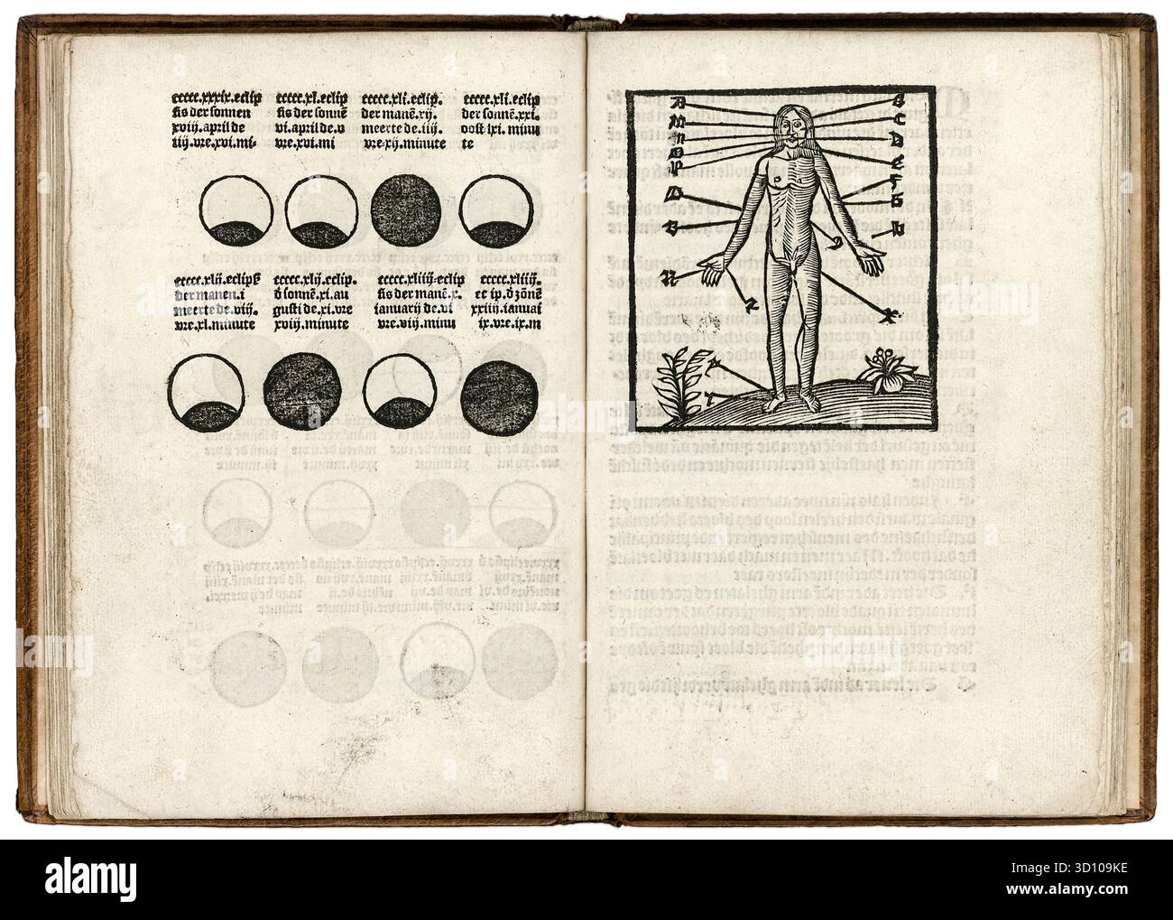 «Schema salasso con fasi della Luna» inciso su legno che mostra diverse fasi lunari e una cifra che indica la tempistica e il luogo dei trattamenti. Illustrazione tratta da “Der Scaepherders Kalengier” pubblicata nel 1516 ad Anversa, Belgio. Fotografia di un'edizione originale del 1516. Crediti: Universiteitsbibliotheek Gent / AF fotografie Foto Stock