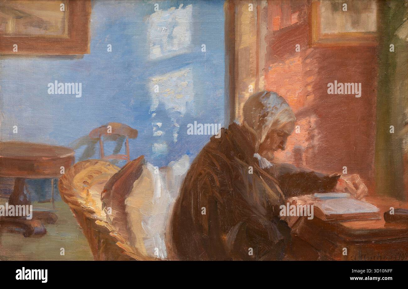 Anna Ancher - la madre dell'artista Ane Hedvig Brøndum nella stanza Blu/sala Rossa - lettura Foto Stock
