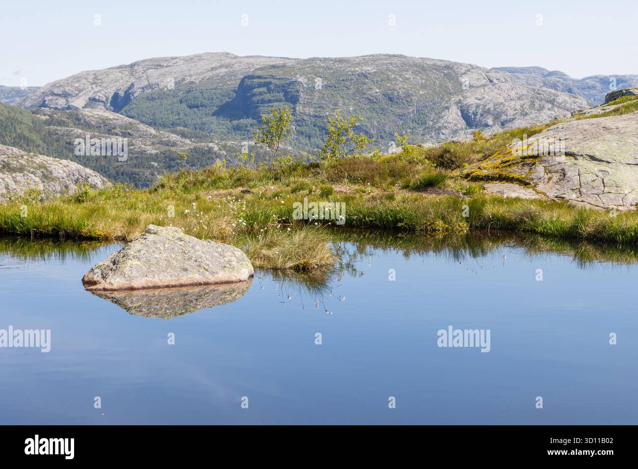 Lago di montagna nel paesaggio alpino della tundra dei Monti scandinavi vicino al sentiero escursionistico Preikestolen in Rogaland. Vestlandet, Norvegia occidentale Foto Stock