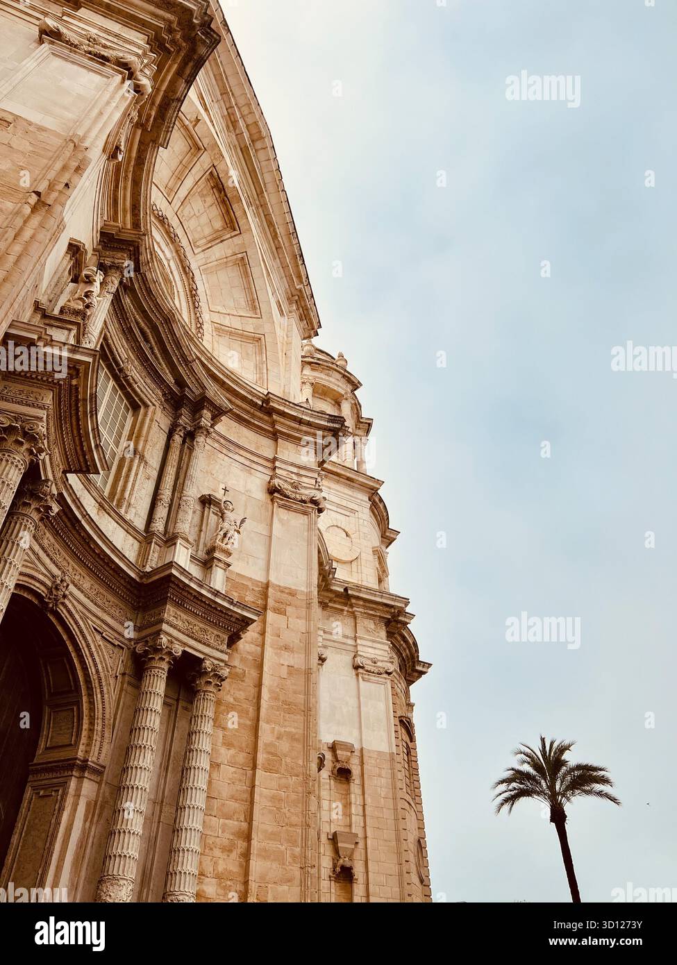 Vista verso l'alto delle colonne ornate in pietra e degli archi della cattedrale di Cádiz, che mettono in risalto la sua grandezza barocca contro un morbido cielo costiero. - Immagine stock catturata con smartphone