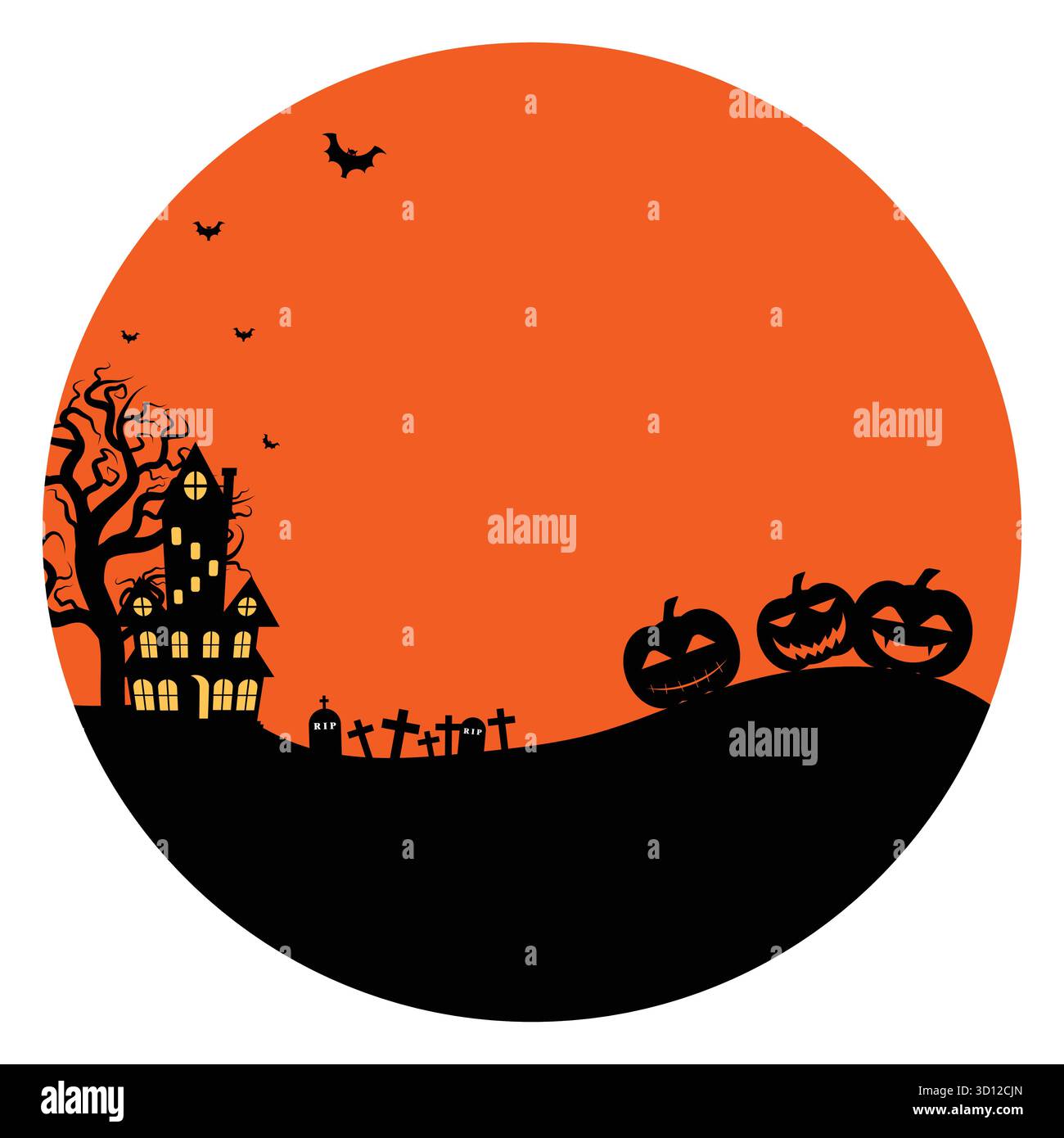 Castello spettrale e sagome di zucca in una notte di Halloween Full Moon con sfondo arancione Illustrazione Vettoriale