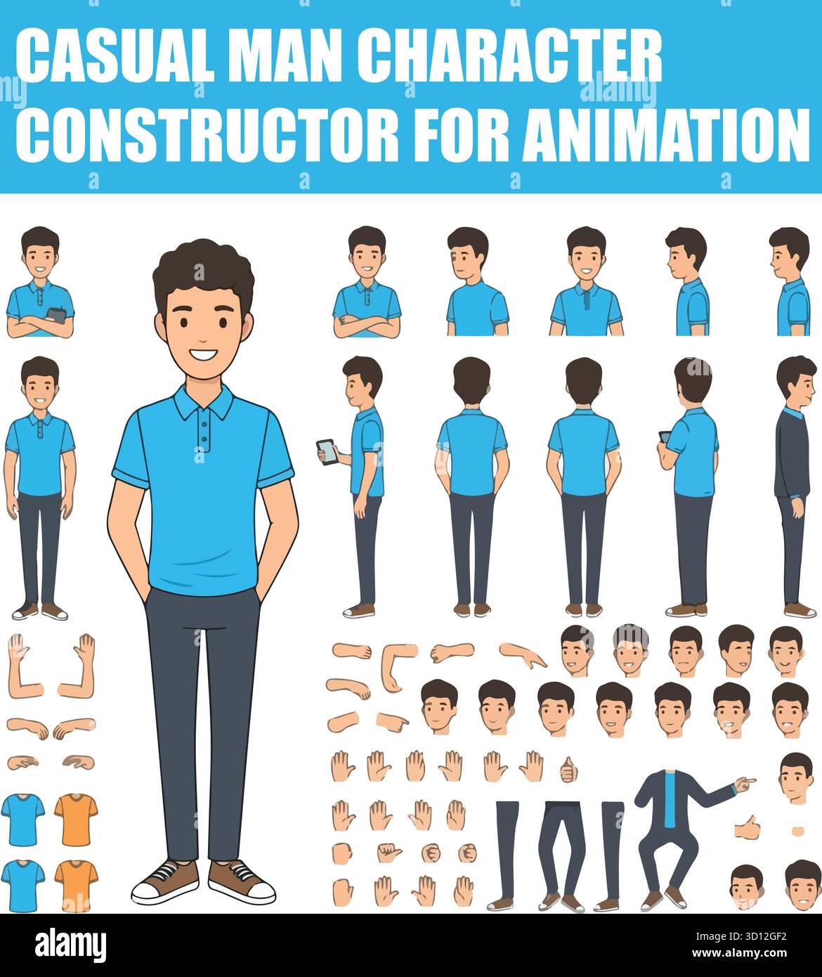 Costruttore di personaggi casual Man per l'animazione. Set Vista anteriore, laterale, posteriore con raccolta parti anatomiche e posture. Illustrazione vettoriale. Illustrazione Vettoriale