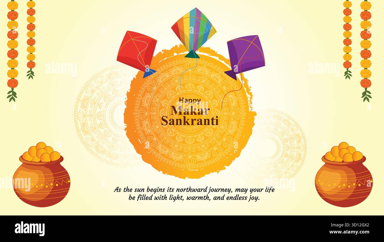 Happy Makar Sankranti festival con aquiloni colorati e vasi di dolci poster sui social media Illustrazione Vettoriale