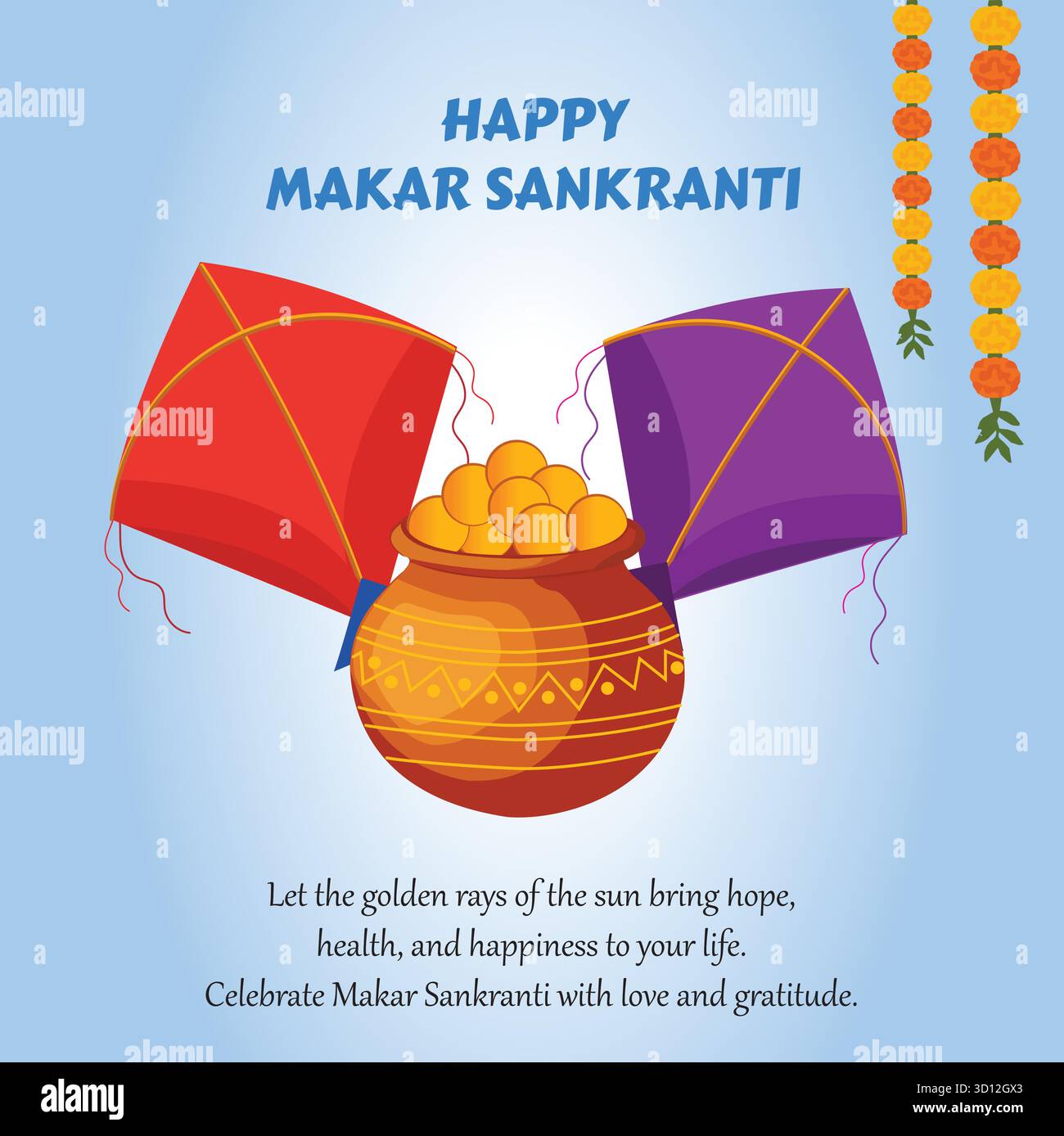 Gli aquiloni rossi e viola sorvolano un vaso di monete d'oro con l'immagine Makar Sankranti Illustrazione Vettoriale