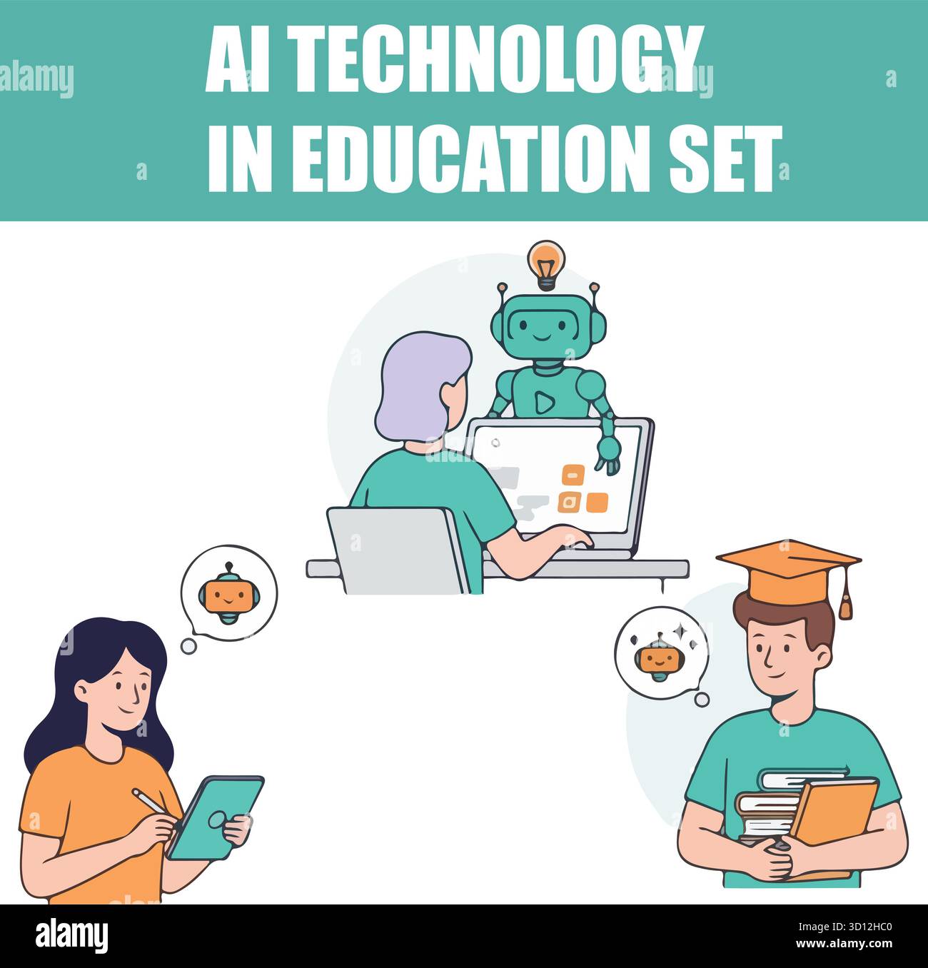INTELLIGENZA ARTIFICIALE in Education Set. Robot che assiste insegnanti e studenti con lezioni, utilizzando strumenti generativi per l'apprendimento e la scrittura. Illustrazione vettoriale. Illustrazione Vettoriale