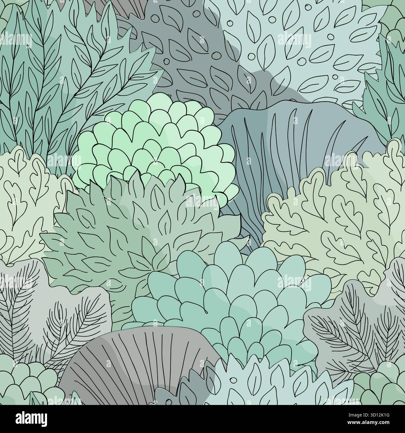 Doodle disegnato a mano foresta in stile lineare. Motivo floreale senza cuciture. Illustrazione vettoriale Illustrazione Vettoriale