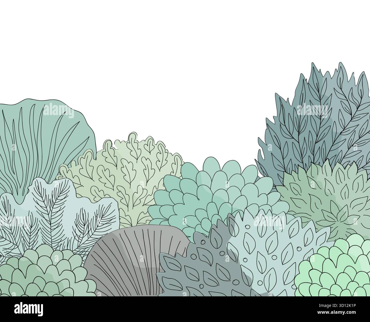 Doodle disegnò a mano il bordo della foresta in stile lineare. Sfondo floreale. Illustrazione vettoriale. Illustrazione Vettoriale