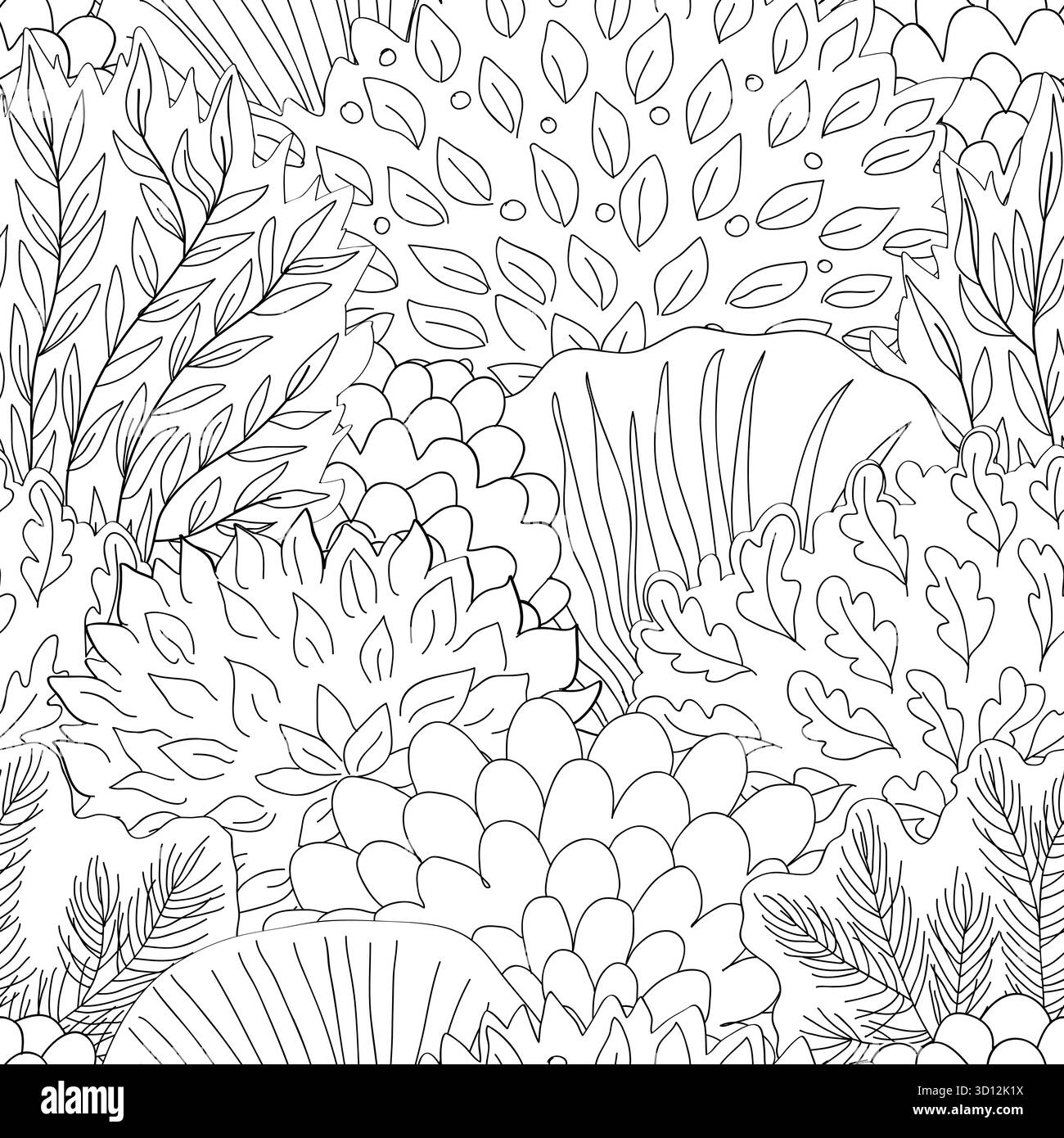 Doodle disegnato a mano foresta in stile lineare. Bianco e nero. Motivo floreale senza cuciture. Illustrazione vettoriale. Illustrazione Vettoriale