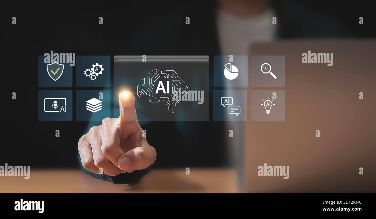 Tecnologia AI, uomo d'affari che mostra grafica virtuale, connettività Internet globale, cambiamenti tecnologici futuri Foto Stock