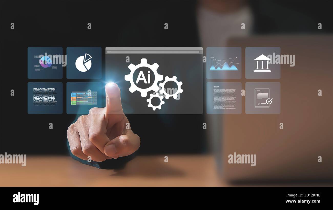 Tecnologia AI, uomo d'affari che mostra grafica virtuale, connettività Internet globale, cambiamenti tecnologici futuri Foto Stock