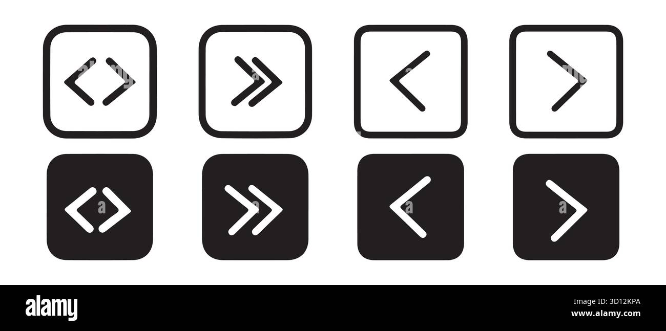 Set di icone freccia e staffa. Simboli di navigazione dell'interfaccia utente in bianco e nero. Illustrazione Vettoriale