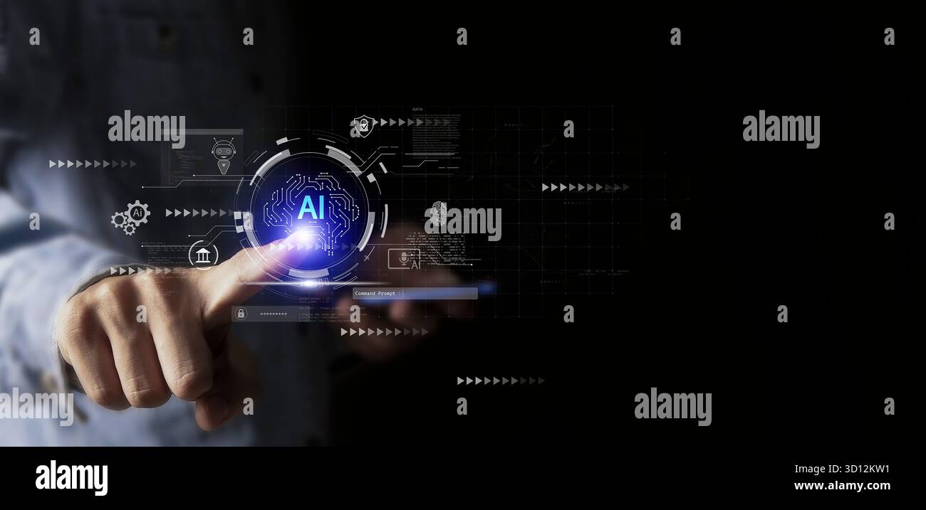 Tecnologia AI, uomo d'affari che mostra grafica virtuale, connettività Internet globale, cambiamenti tecnologici futuri Foto Stock