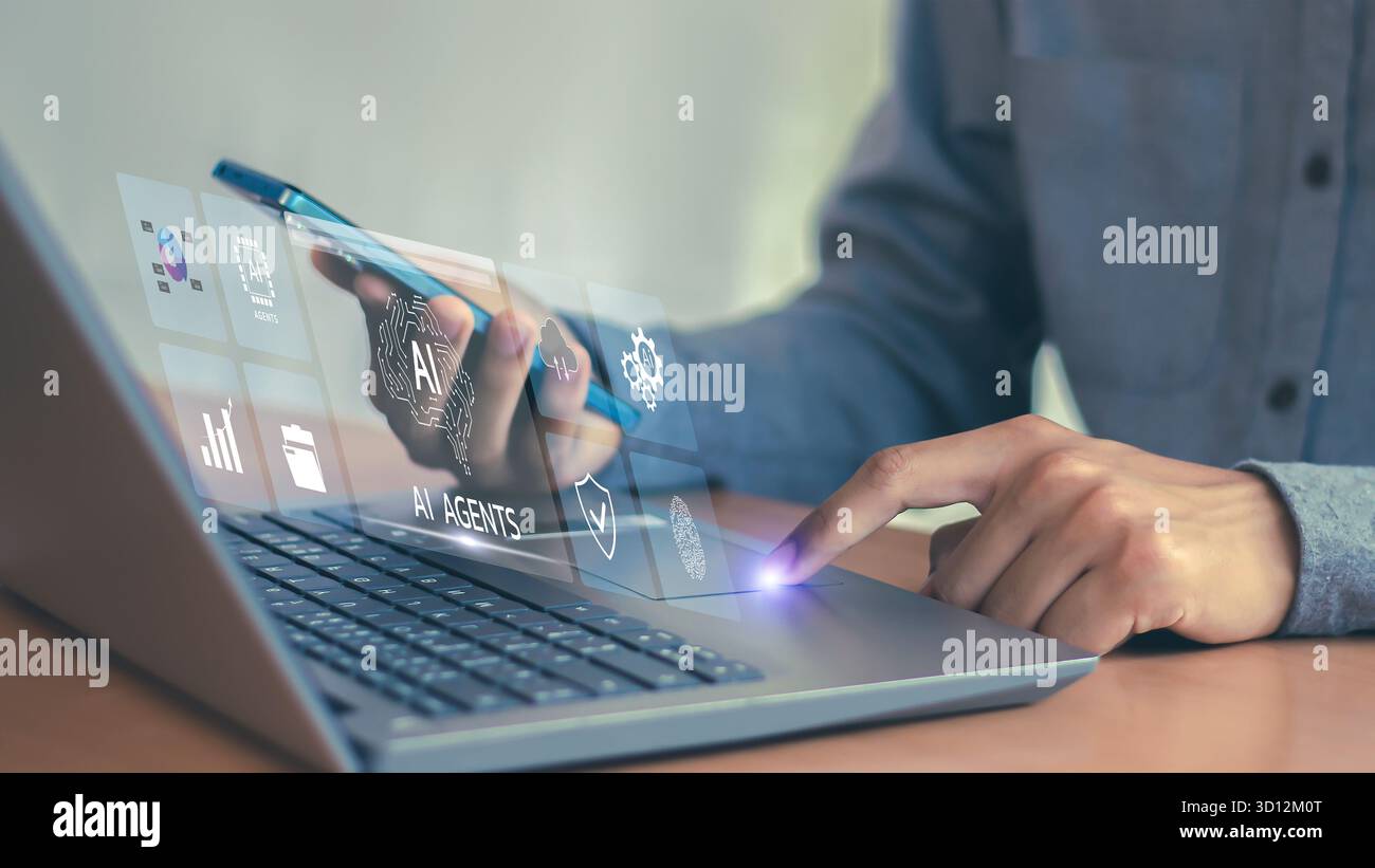 Tecnologia AI, uomo d'affari che mostra grafica virtuale, connettività Internet globale, cambiamenti tecnologici futuri Foto Stock