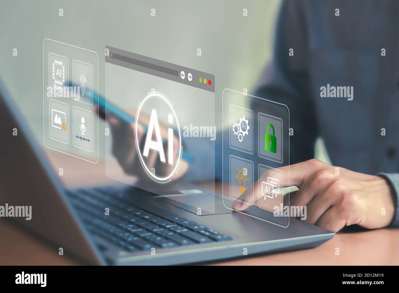 Tecnologia AI, uomo d'affari che mostra grafica virtuale, connettività Internet globale, cambiamenti tecnologici futuri Foto Stock
