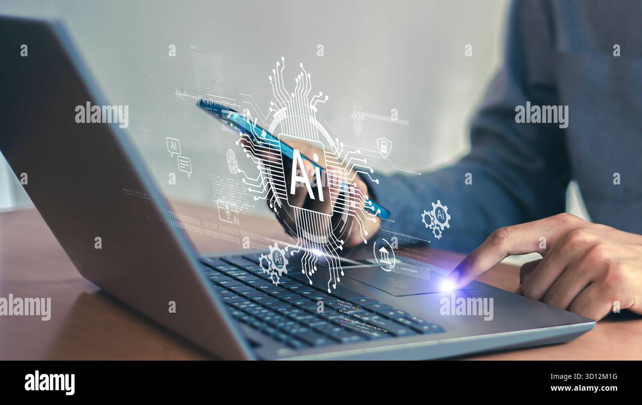 Tecnologia AI, uomo d'affari che mostra grafica virtuale, connettività Internet globale, cambiamenti tecnologici futuri Foto Stock