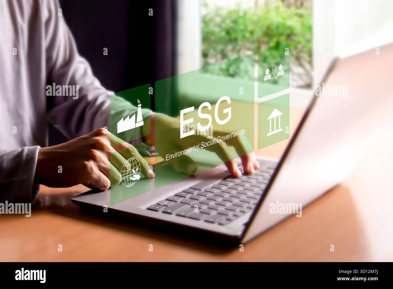 ESG, ambiente, sociale e Governance Sustainable Industry of Business concetto di riduzione del riscaldamento globale su sfondo verde Foto Stock