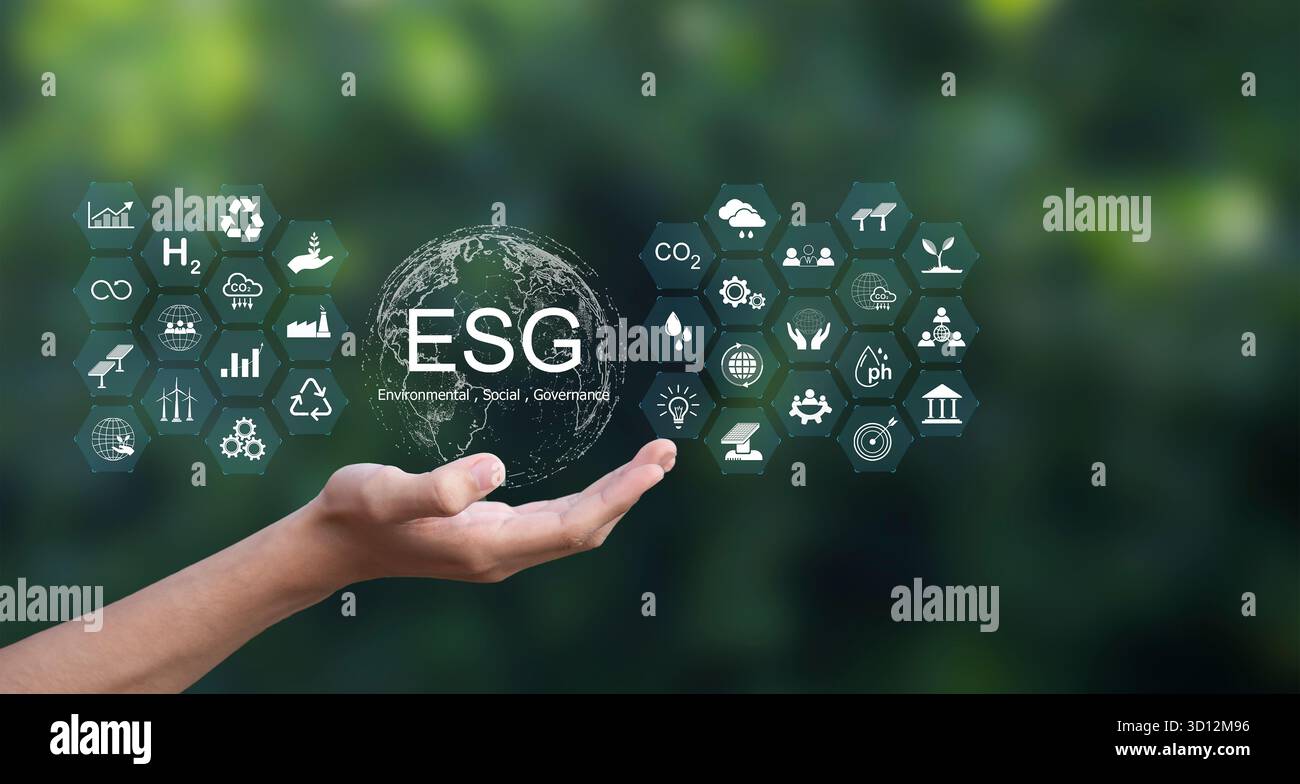 ESG, ambiente, sociale e Governance Sustainable Industry of Business concetto di riduzione del riscaldamento globale su sfondo verde Foto Stock