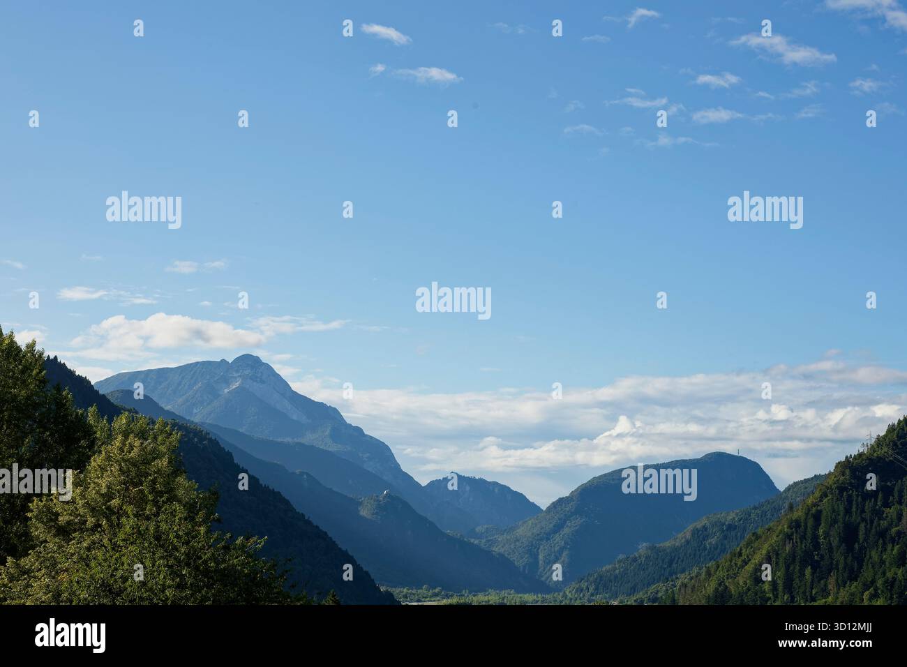 Monte Palavierte e Valle di montagna con versanti boscosi, Arte Terme, Friuli-Venezia Giulia, Italia Foto Stock