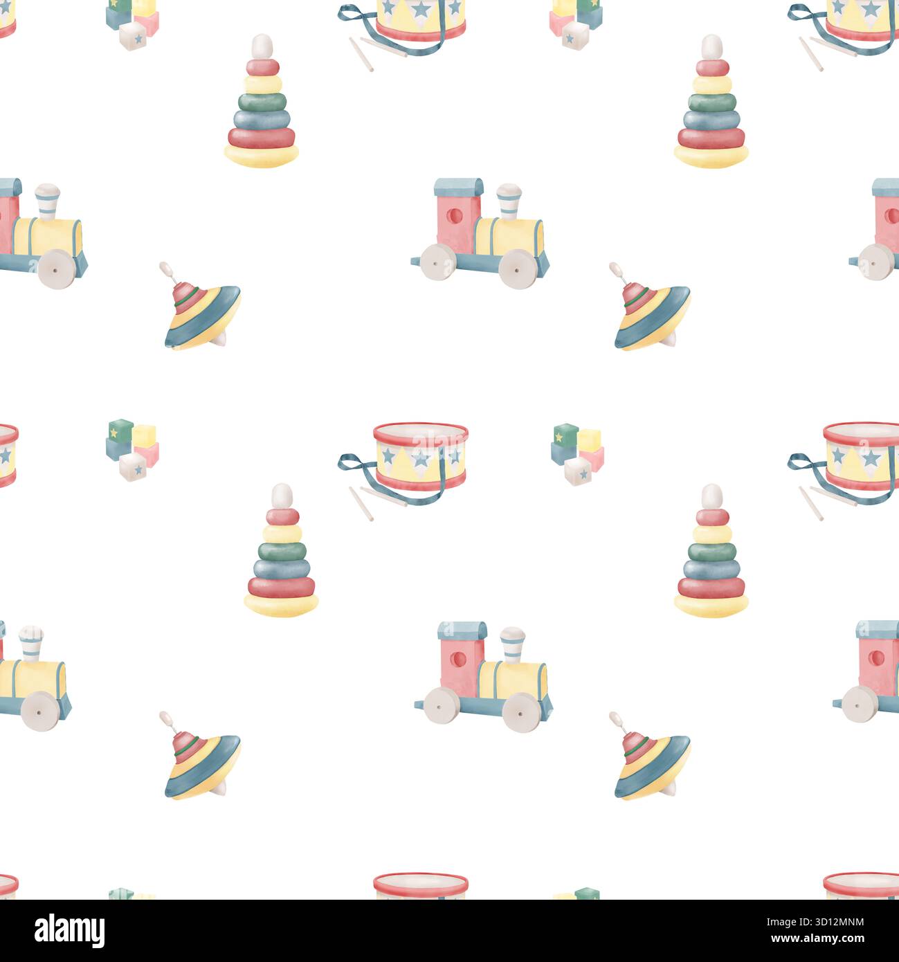 Giocattoli per bambini e ghirlanda con bandiere, motivo senza cuciture. Illustrazione acquerello. Tamburo giocattolo, treno e piramide, isolato su sfondo bianco. Per prin Foto Stock