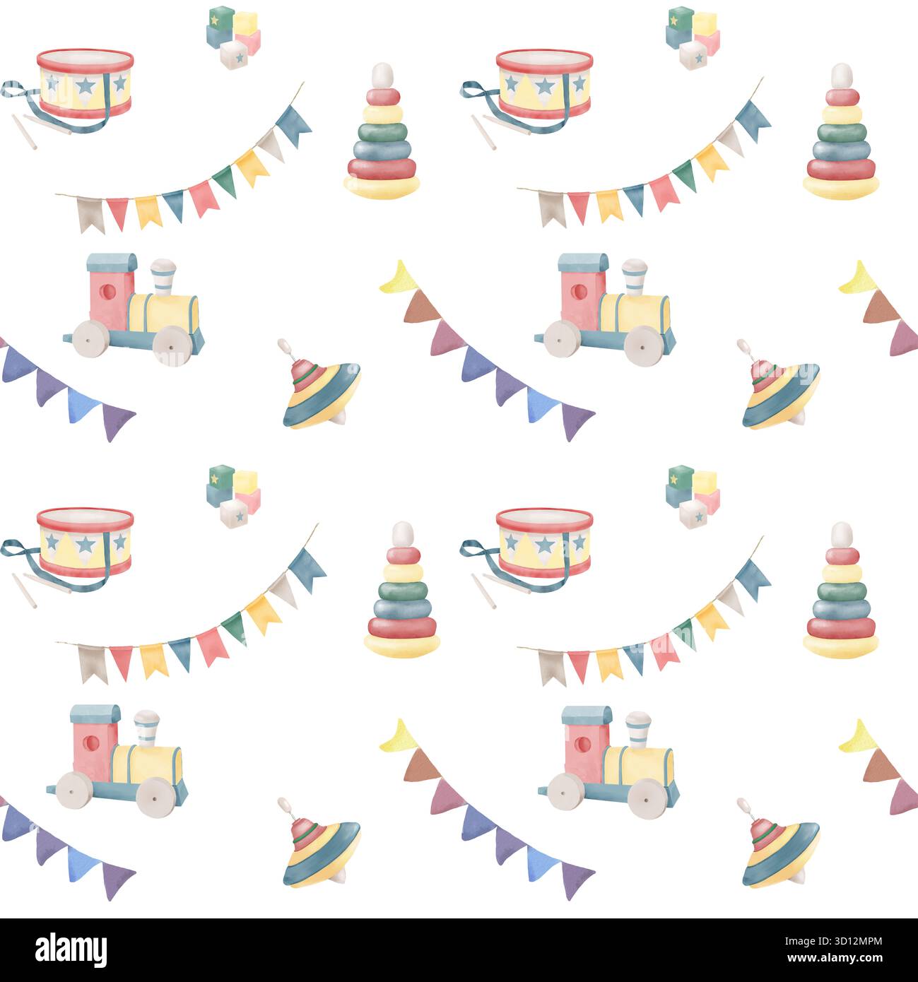 Giocattoli per bambini e ghirlanda con bandiere, motivo senza cuciture. Illustrazione acquerello. Tamburo giocattolo, treno e piramide, isolato su sfondo bianco. Per prin Foto Stock