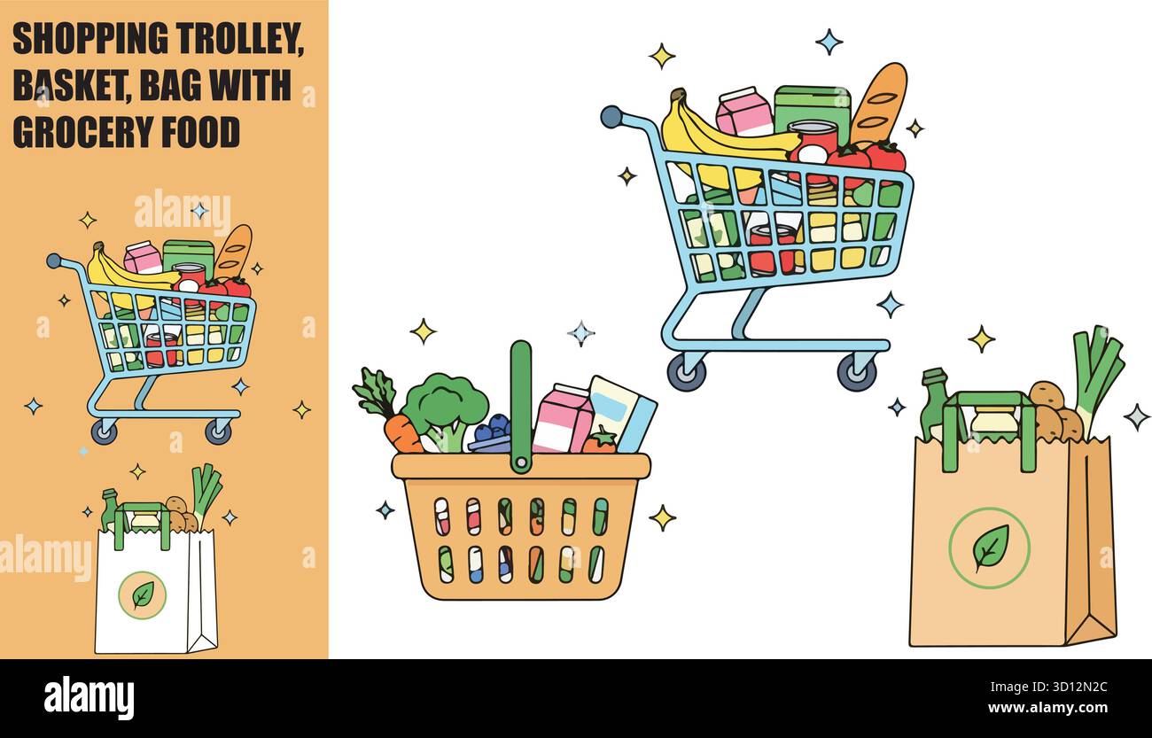 Shopping di alimentari e concetto di alimentazione sana. Vettore isometrico del carrello, cestino, sacchetto con verdura, frutta, latticini, pane e.. Illustrazione Vettoriale