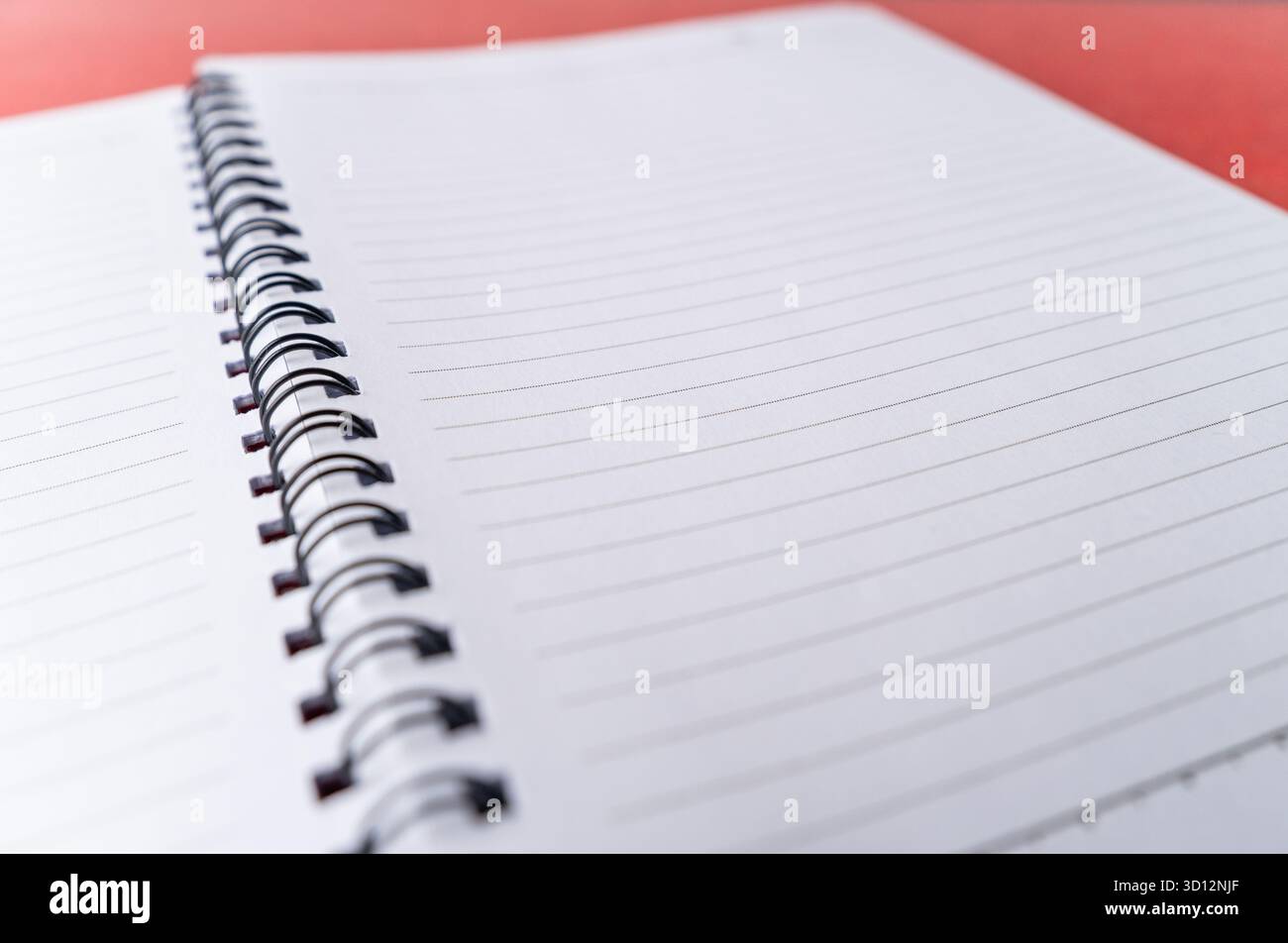 Immagine ravvicinata di un notebook aperto con rilegatura a spirale. Le pagine pulite, bianche e con righe sono vuote e forniscono spazio per la copia. Formazione perfetta per l'istruzione Foto Stock